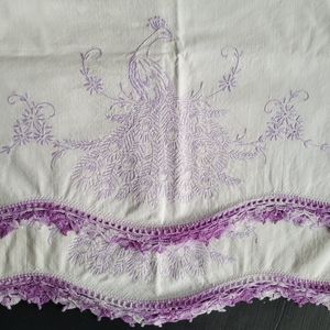 Vintage Peacock Pillow Cases - Hand Embroidered Tatted Trim - White and Purple